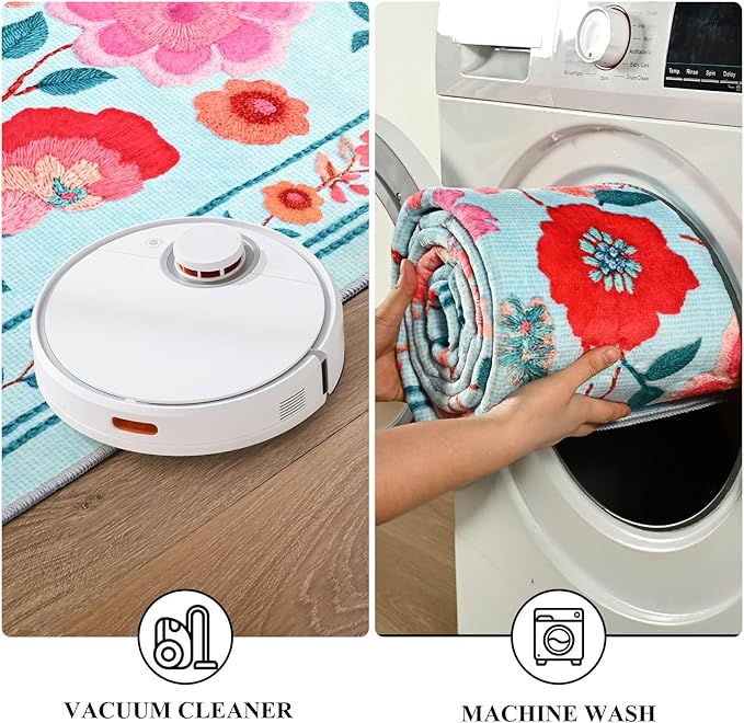 Floral Area Rug 5x8 Rugs, Machine Washable Rug Non-Slip Low Pile Rug for Living Room, Bedroom, Farmhouse, Dining Room, Blue