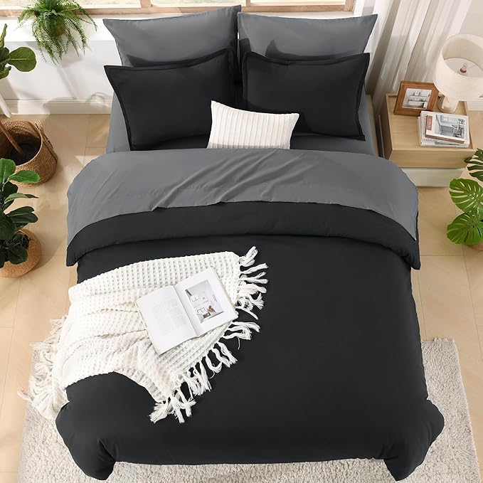 Litanika Comforter King Size Set Black Grey - 7 Pieces Bed in a Bag King Bedding Comforter Sets, Plain Lightweight Bed Set with Comforter, Sheets, Pillowcases & Shams