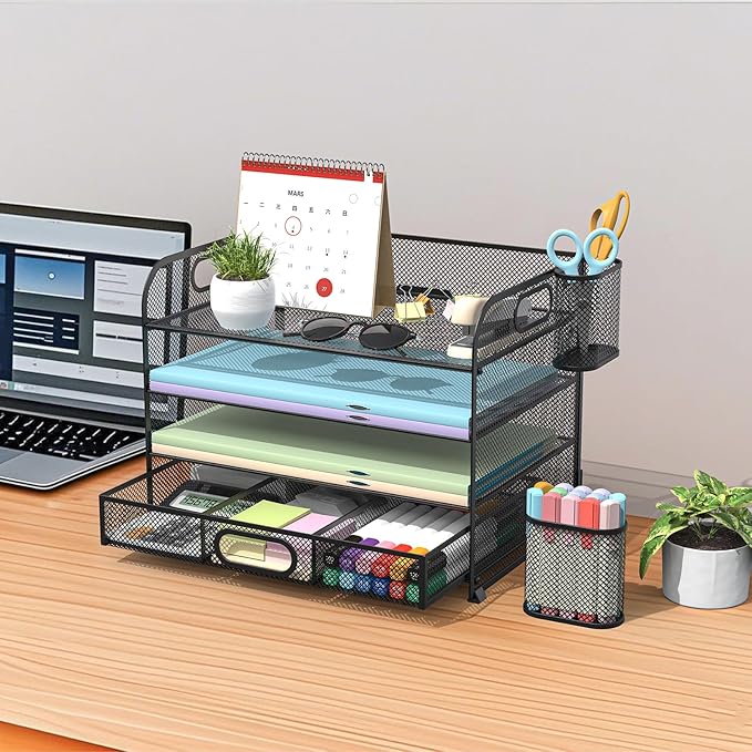Desk Organizer and Accessories,4-tier Paper Letter Tray Organizer, Desk File Organizer with Drawers and 2 Pen Holders for School and Home Office Supplies (black)