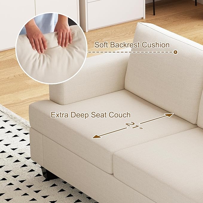 Furnimart 85 inch Deep Seat Sofa, Modern 3 Seater Couch, Beige Linen Sofa, Comfy Cloud Couch for Living Room, Cozy Fluffy Sofas with Removable Sofa Cover, Small Couches for Small Spaces