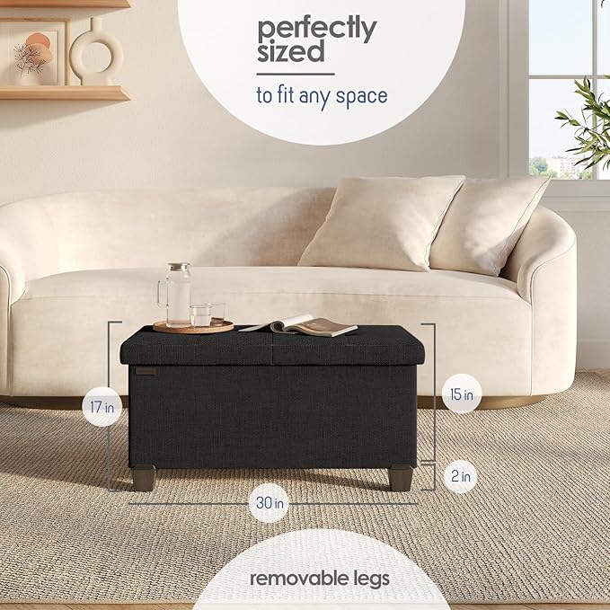 STORAGEBUD Storage Ottoman Bench with Bins, 30-in Storage Bench for Bedroom End of Bed, Folding Foot Rest Ottoman for Living Room Max 660lbs, Fabric Ottomans, Black