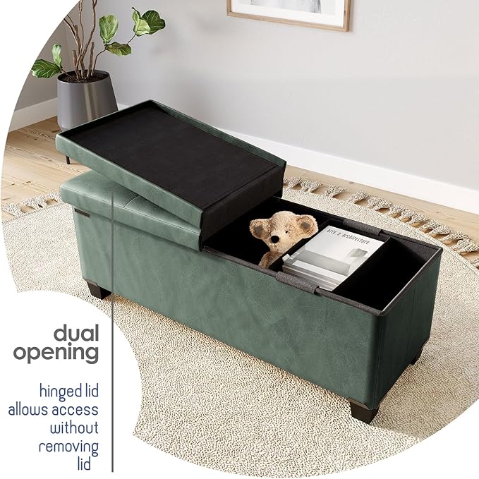 STORAGEBUD Storage Ottoman Bench with Bins, 43-in Storage Bench for Bedroom End of Bed, Folding Foot Rest Ottoman for Living Room Max 660lbs, Faux Leather Ottomans, Green