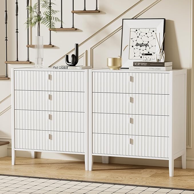White 4 Drawer Dresser, 31.5" Wide White Modern Dresser with Fluted Front & Metal Handles for Bedroom, Living Room