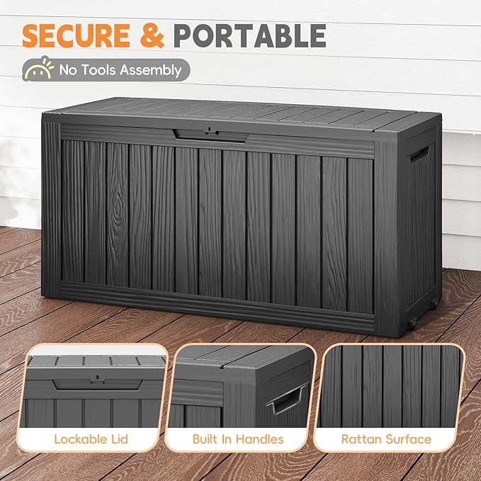 Outdoor Storage Box, 72 Gallon Waterproof Resin Deck Box, Storage Bin for Package Delivery, Patio Furniture Cushion, Garden Tools, Pool Accessories, Weatherproof and UV Resistant, Black