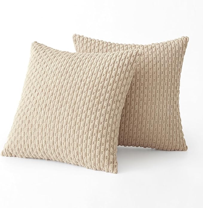 MIULEE Throw Pillow Covers Soft Corduroy Decorative Set of 2 Boho Summer Striped Pillow Covers Pillowcases Farmhouse Home Decor for Couch Bed Sofa Living Room 16x16 Inch Beige