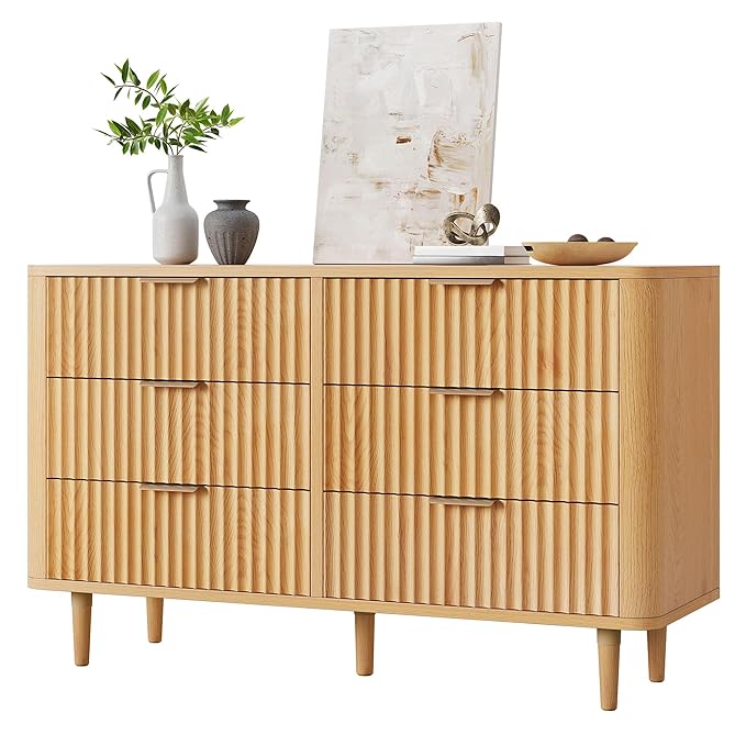 DWVO 6 Drawer Dresser with Fluted Panel, 47.2" Wide Modern Closet Dressers Chest of Drawers, Wood Storage Dresser Organizer for Bedroom, Dorms, Flats, Living Rooms, Hallways, Natural Oka