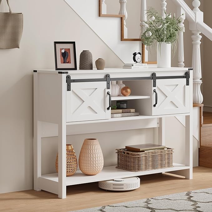Console Table with Storage Shelf & Sliding Barn Door, Farmhouse Entryway Table with Storage, 46" Narrow Long Sofa, Behind Couch, Console Tables for Living Room (White)