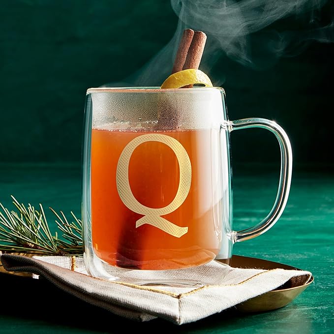 COLLECTIVE HOME - Double Walled Glass Coffee Mugs, Insulated Coffee Mug with Handle, Personalized Gifts for Women, Men, Christmas, 14 oz Monogram Cups (Q)