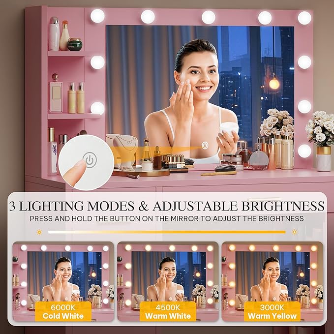 DWVO Vanity Desk with Mirror, Hollywood Lighted Makeup Mirror with 3 Lighting Modes, Power Outlets, Hairdryer Holder, Vanity Table with Ample Storage for Bedroom, Bathroom, Pink
