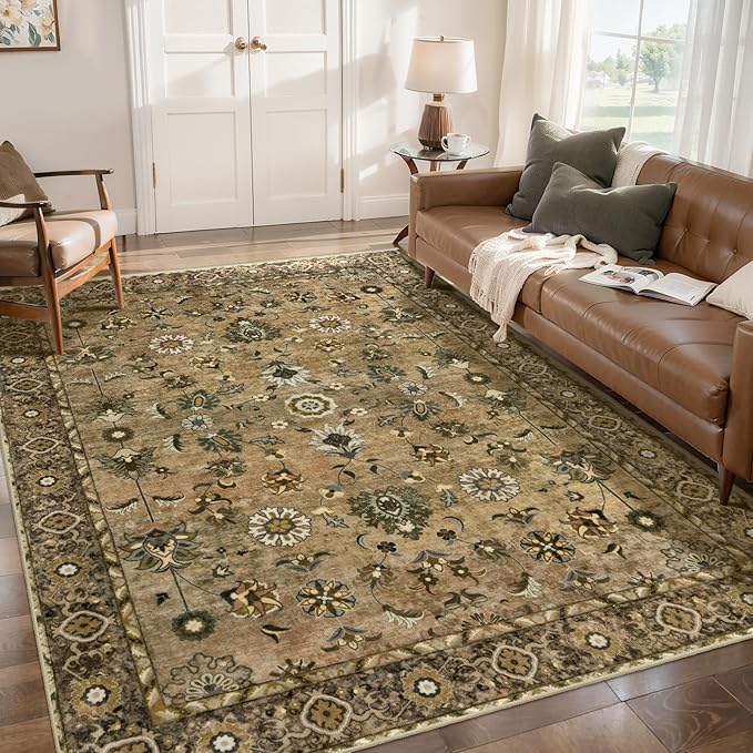 Tangsoo 3x5 Rug Floral Rug for Bedroom, Washable Vintage Rugs Indoor, Non Slip Accent Rug, Print Distressed Brown Carpet, Soft Low Pile Area Rug for Living Room Dorm Bedroom Bedside Entryway