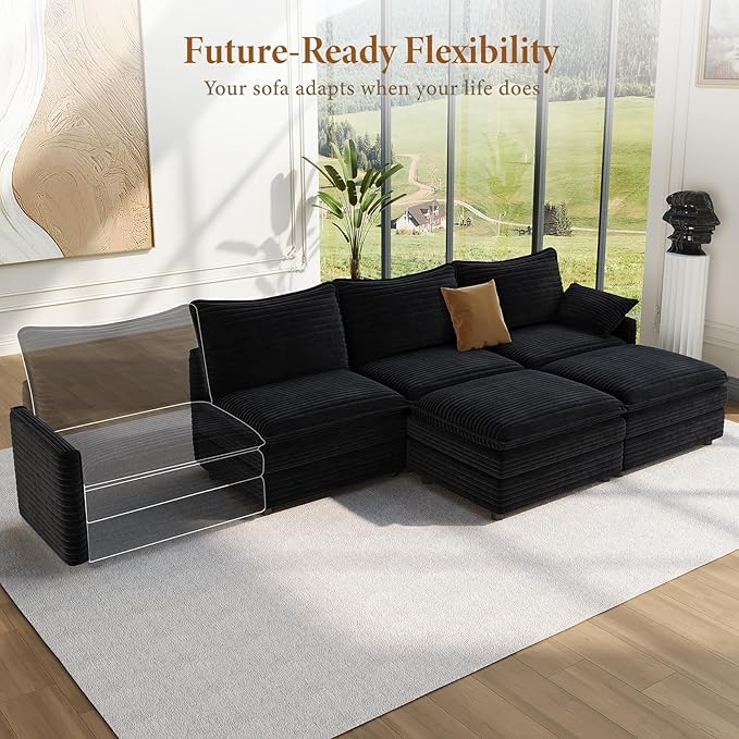 Vesgantti 108" U Shaped Sectional Couch, Comfy Cloud Modular Sectional Sofa with 2 Ottoman Deep Seat Corduroy Modern Cloud Sofa, Modular Sofas for Living Room, Bedroom and Apartment, Black