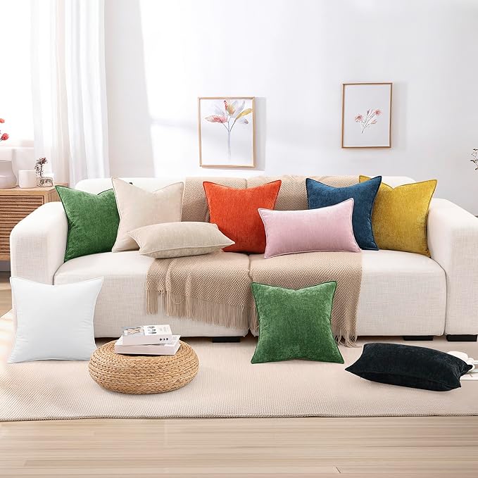 decorUhome Fall Couch Throw Pillow Covers 22x22 Set of 2, Decorative Soft Euro Neutral Chenille Pillow Covers with Elegant Design for Sofa Bed Living Room Home Decor, Mineral Yellow