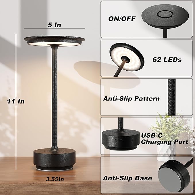 Rechargeable Table Lamps Cordless, Portable 5000mAh Outdoor Table Light, 3 Color Stepless Dimming LED Table Lamp with Memory Function, for Home/Dinner/Patio/Restaurant.(Diamond Black)