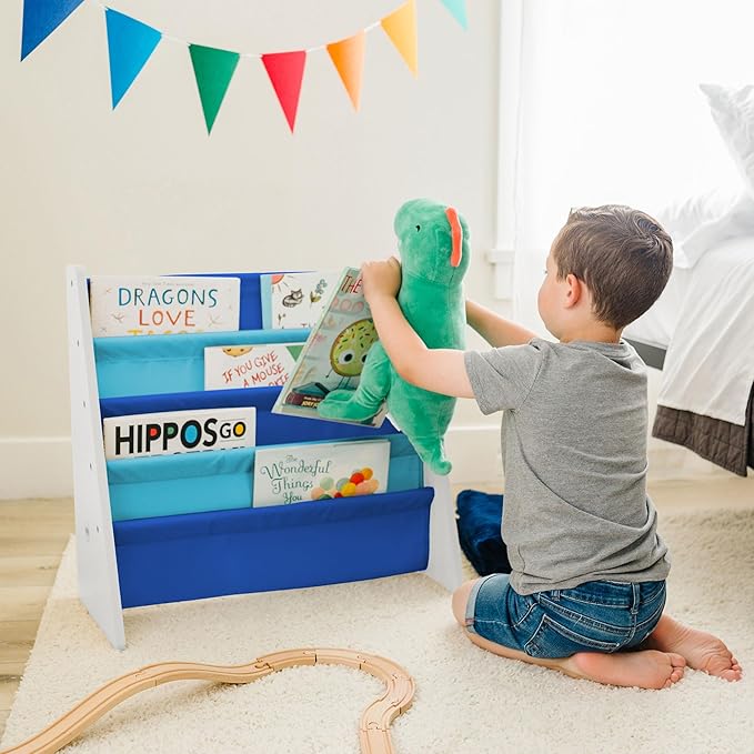 Wildkin Vegan Leather Sling Bookshelf for Kids – Premium Easy Clean Sling Canvas Design with 4 Fabric Shelves, Organizer for Home or Classroom - White w/Multi-Blue