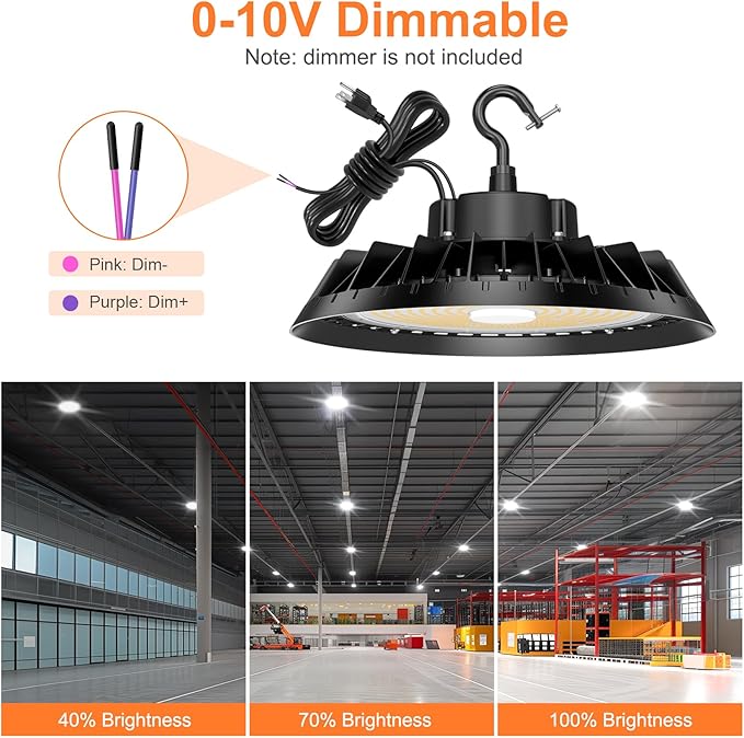 4Pack LED High Bay Lights, Super Bright 150W UFO High Bay LED Shop Lights, 22500LM 5000K, 0-10V Dimmable, 5' Cable Plug, IP65 Waterproof, ETL Listed Plug & Play Lighting for Factory Warehouse
