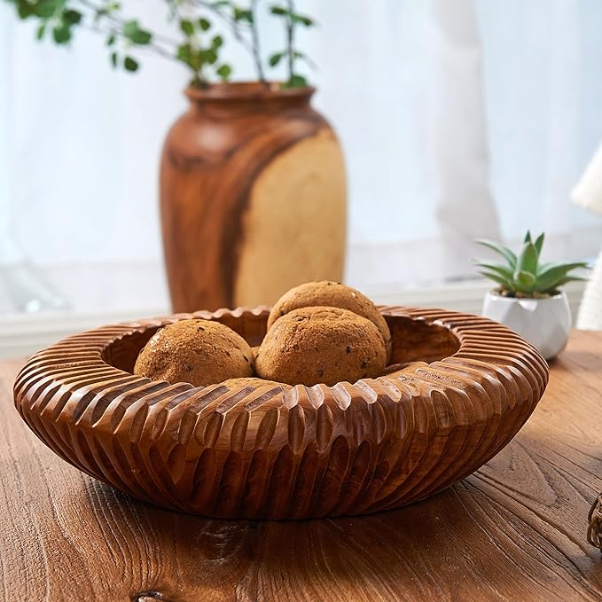 Teak Handcrafted Wooden Bowls Natural Wood Round Utility Bowl 15.7" W Handmade Rustic Serving Platter Fruit Snack Holder for Entry Table Vintage Artworks Dining Room Home Décor