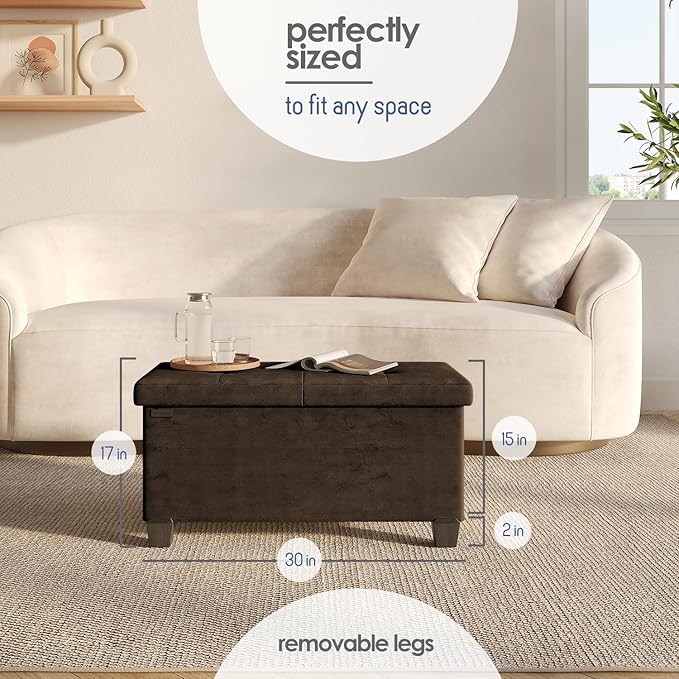 STORAGEBUD Storage Ottoman Bench with Bins, 30-in Storage Bench for Bedroom End of Bed, Folding Foot Rest Ottoman for Living Room Max 660lbs, Velvet Ottomans, Brown