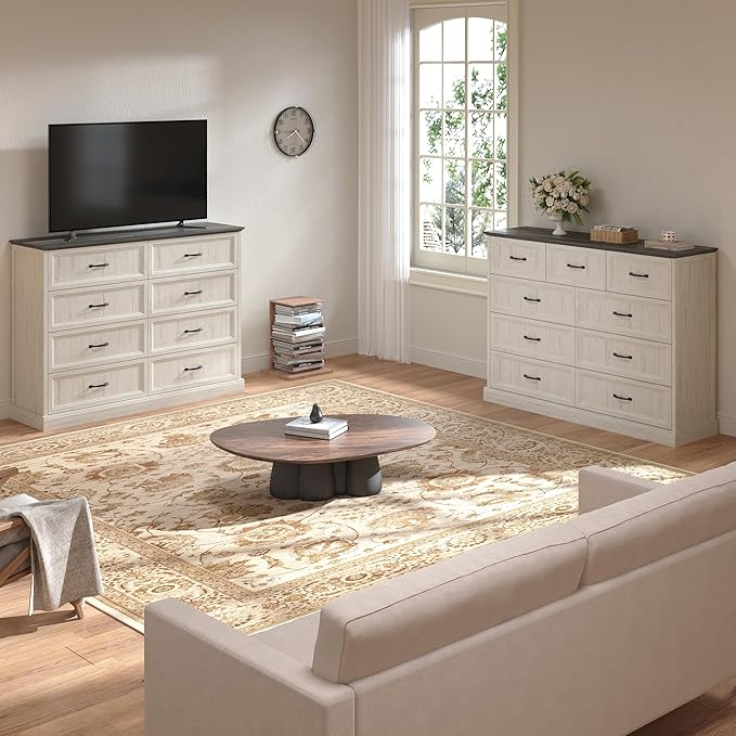 Farmhouse Dresser and Nightstand Sets 3 Piece, Nightstands Set of 2 & 8 Drawers Dresser for Bedroom, 55" Wide and 24" Inch Night Stand Set for Bedroom, Living Room, Hallway, White