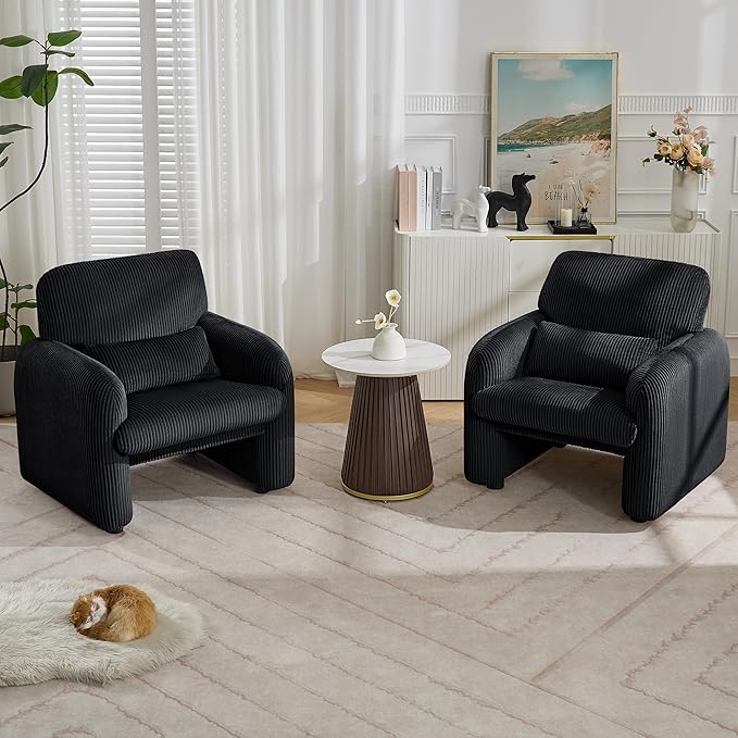 Corduroy Fabric Accent Chair, Modern Upholstered Living Room Chairs with Lumbar Pillow, Wide Comfy Leisure Armchair for Bedroom, Office, Reading, Black