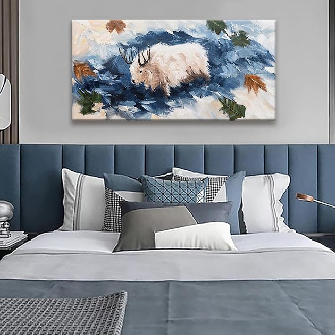 Tsomzxng Canvas Wall Art Decor White Cow Dark Blue Poster Gothic Animal Abstract Wall Decor Prints Wildlife Animal Abstract Artwork Pictures Painting Picture For Bedroom Living Room Office 24x48 Inch