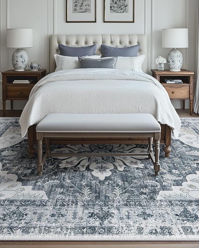 Area Rugs 5'x8' Washable Non-Slip, Floral Vintage Distress Print Pattern Medallion Carpet for Living Room Bedroom Dining Room, Light Gray Grey White