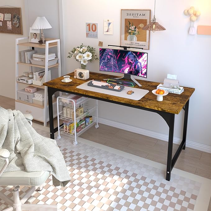 47'' Computer Desk with Deeper Desktop, Home Office Desk Workstation with Sturdy Metal Frame, Modern Simple Desk for Gaming Studying Writing,Rustic Brown