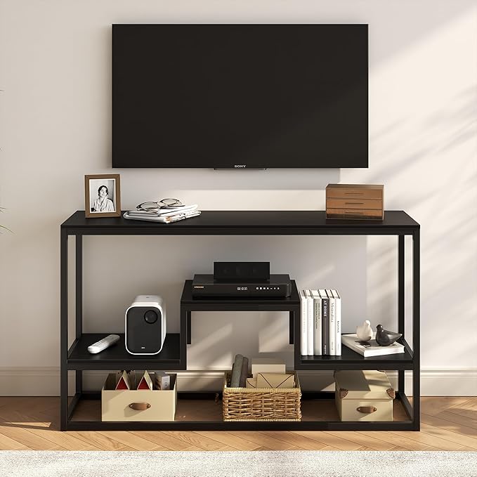 TV Stand for TVs up to 65 Inch, TV Console Table with 3-Tier Open Storage Shelves, Modern Industrial Entertainment Center for Living Room, Bedroom, Black