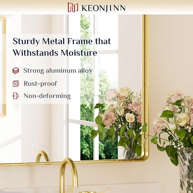 Keonjinn Gold Bathroom Mirror for Over Sink, 30" x 30" Brushed Brass Mirror, Large Rounded Rectangle Gold Vanity Mirror with Metal Frame, HD Tempered Glass Square Wall Mirror(Horizontal/Vertical)