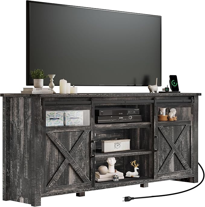 YITAHOME Farmhouse TV Stands for 75 Inch TV with Power Outlets, Entertainment Center with Sliding Barn Doors and Adjustable Shelves, TV Cabinet Media Console Table for Living Room, Dark Rustic Oak