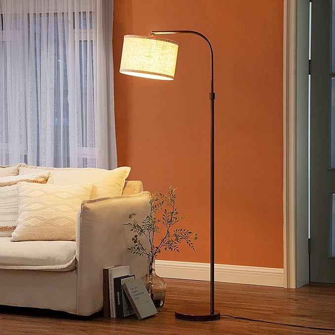 EDISHINE Arched Floor Lamps for Living Room, Standing Tall Arc Lamp with Adjustable Linen Shade, Minimalist Reading Light for Corner, Over Couch Arched Lamp for Bedroom, Office, Kids Room, Bronze