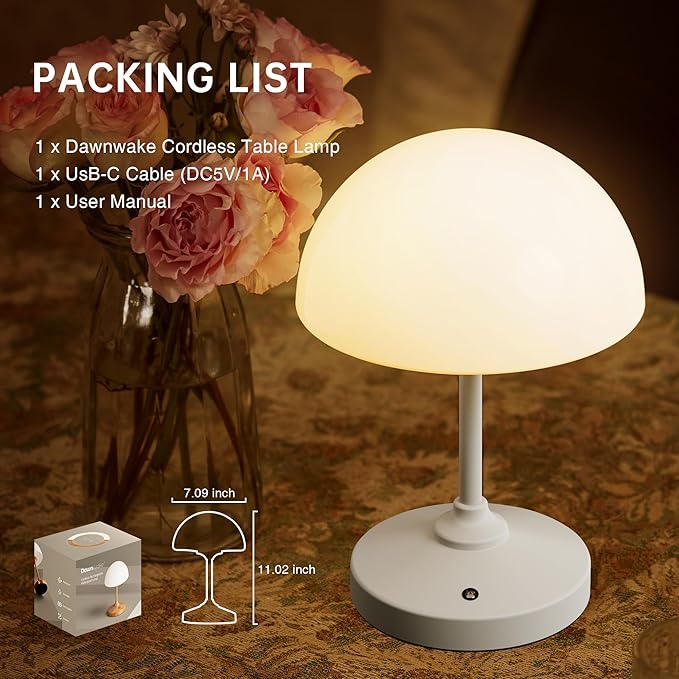 Mushroom Lamp Table Lamp Waterproof,Desk Cordless Battery Operated Lamps for Bedroom,Outdoor Cordless Rechargeable Table Lamps for Night Stands,5000mAh LED Night Light for Living Room(White)