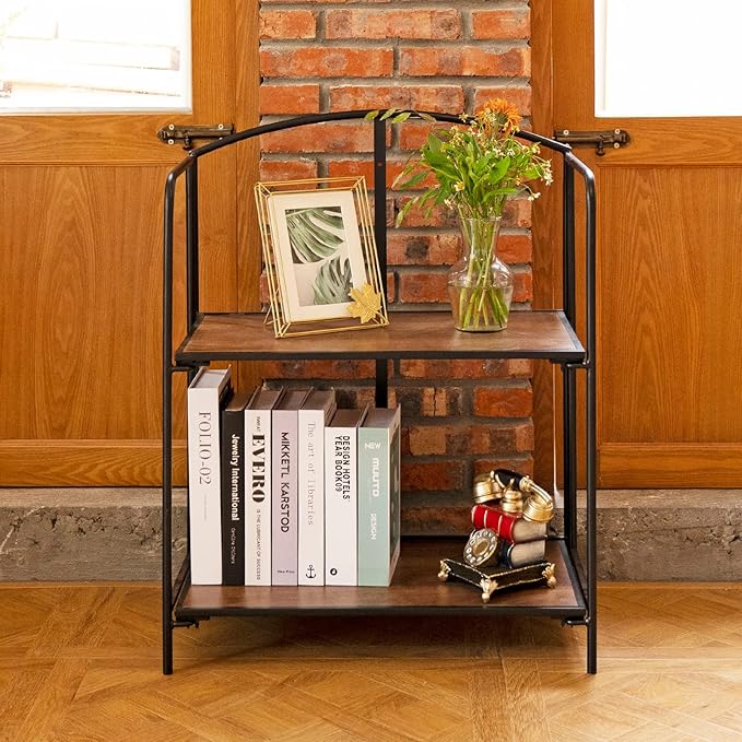 Crofy No Assembly Folding Bookshelf for Living Room, 2 Tier Black Collapsible Book Shelf for Home Office, Portable Bookcase Storage Organizer