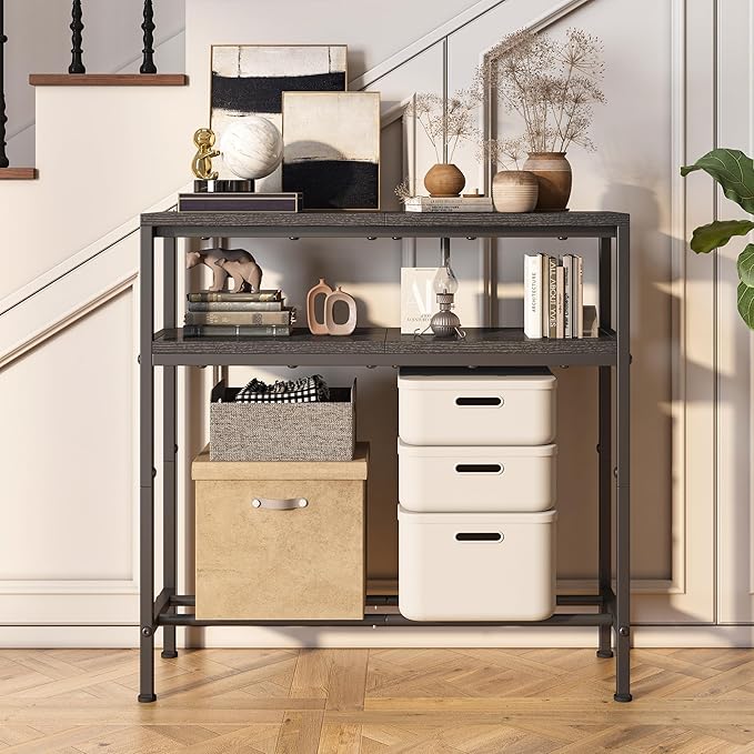 Homeiju Entryway Table with Storage, 3-Tier Console Table 31.5" Width, Industrial Sofa Table with Open Shelves, Foyer Tables for Entryway, Hallway, Kitchen, Living Room and Bedroom, Black