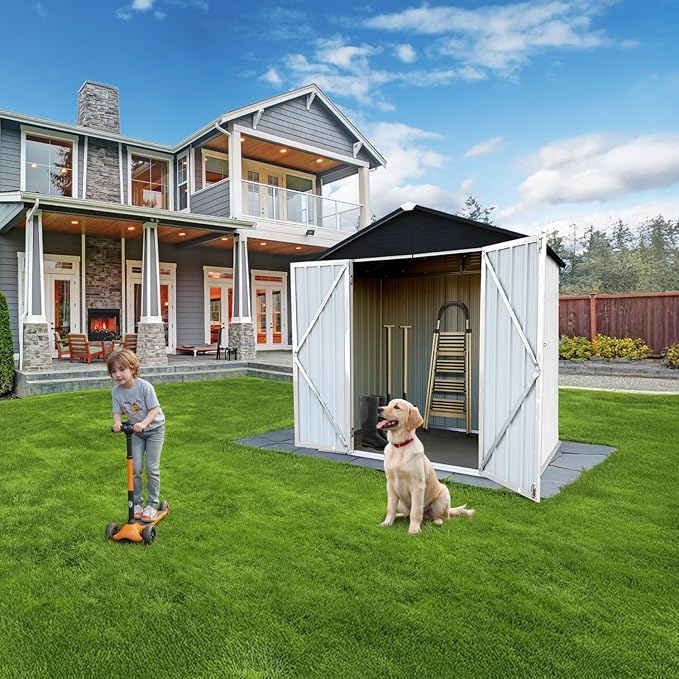 6 x 4 FT Outdoor Storage Metal Shed, Bike Garden Tool Shed with Slooping Roof, Lockable Doors and Aluminum Frames, Shed Easy to Assemble for Garden, Patio, Lawn, White+Black