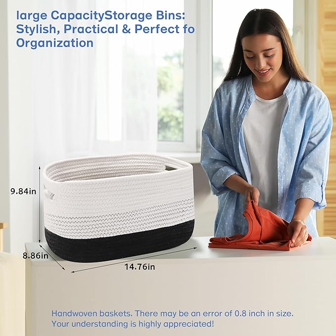 4 Pack Woven Storage Baskets for Organizing - Cotton Rope Baskets for Closet, Toys, Books, Towels, Durable Storage Bins for Shelves, Living Room, Bedroom, 14.76''Lx9.84''Wx8.86''H (Black, 13")