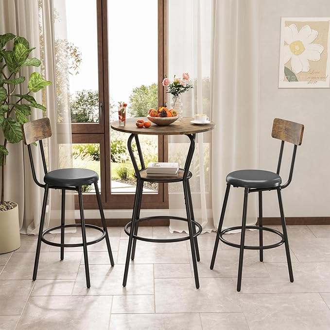 3-Piece Round Bar Table and Chair Set, Small Dining Table for 2, Breakfast Table with 2 Upholstered Stools, Modern Kitchen Bar Table, for Kitchen, Dining Room & Bistro-Rustic Brown
