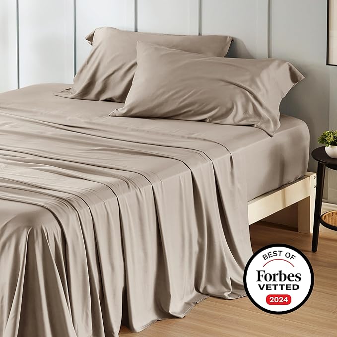 Bedsure Queen Sheet Set, Rayon Derived from Bamboo, Cooling Sheets, Breathable & Soft, Deep Pocket Up to 16 Inches, Hotel Luxury Silky Bedding for Hot Sleepers, Simply Taupe