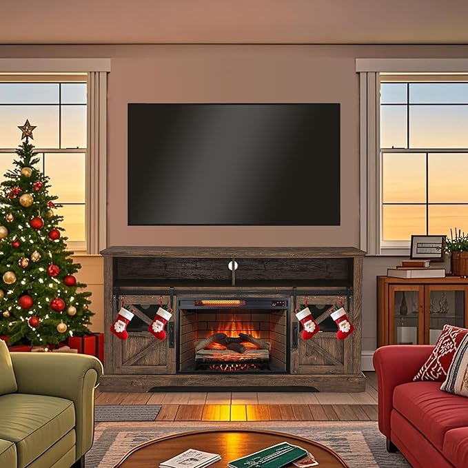 Fireplace TV Stand with Auto-Power-Off Door Sensor, Farmhouse 70" TV Console, Media Entertainment Center with Sliding Barn Door, Adjustable Shelves, Fireplace Heater, Reclaimed Barnwood