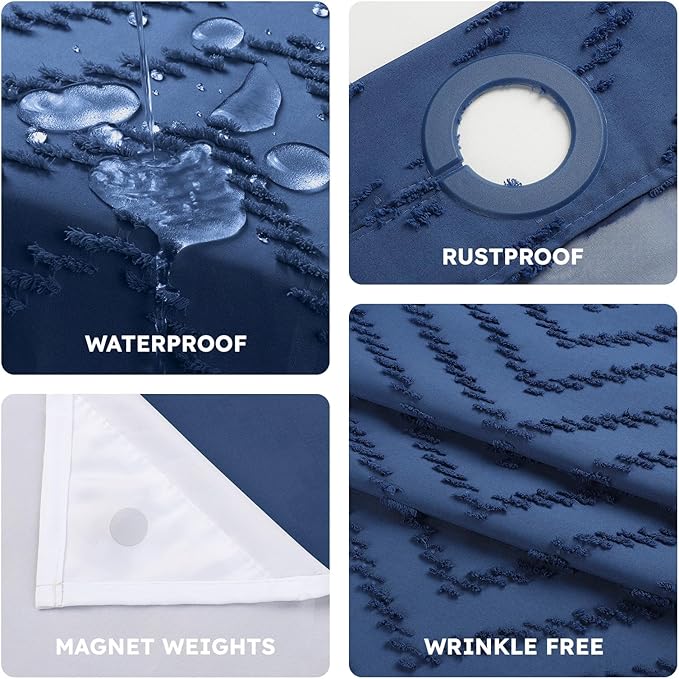 No Hook Shower Curtain and Snap in Liner Set Navy Blue Tufted Chevron Striped Cloth Waterproof Washable Fabric Boho Bath Curtain with See Through Mesh Top Window for Bathroom Hotel 71" x 86"