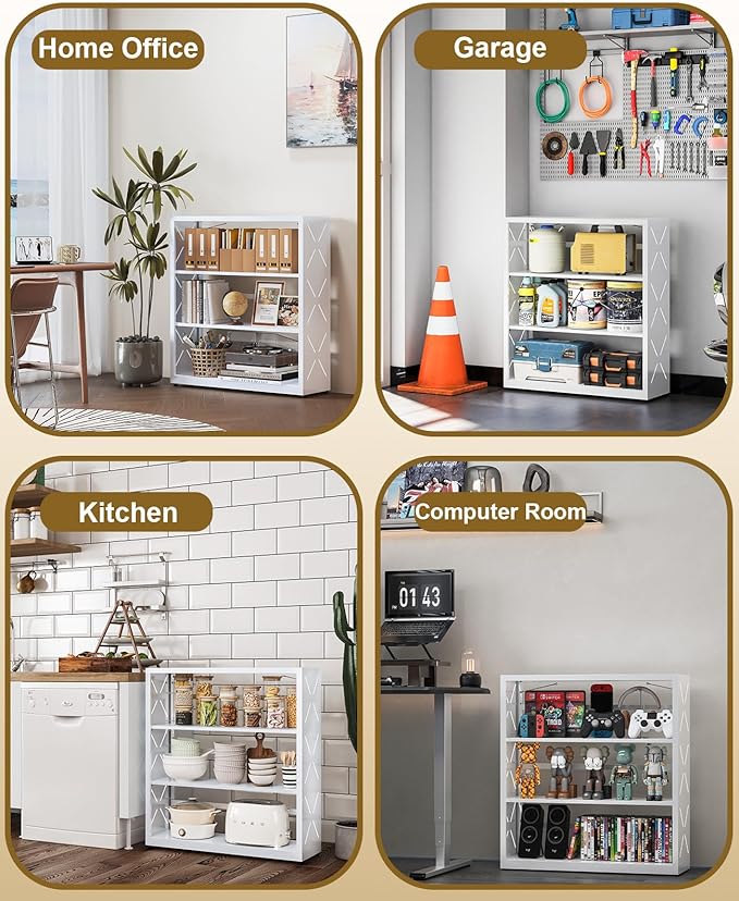 Book Shelf, 3-Tier Steel Bookcase Adjustable with Anti-Tip Device & Leveling Feet, Heavy-Duty Metal Storage Organizer, Modern Corner Shelves for Kitchen, Garage, Home Office - White