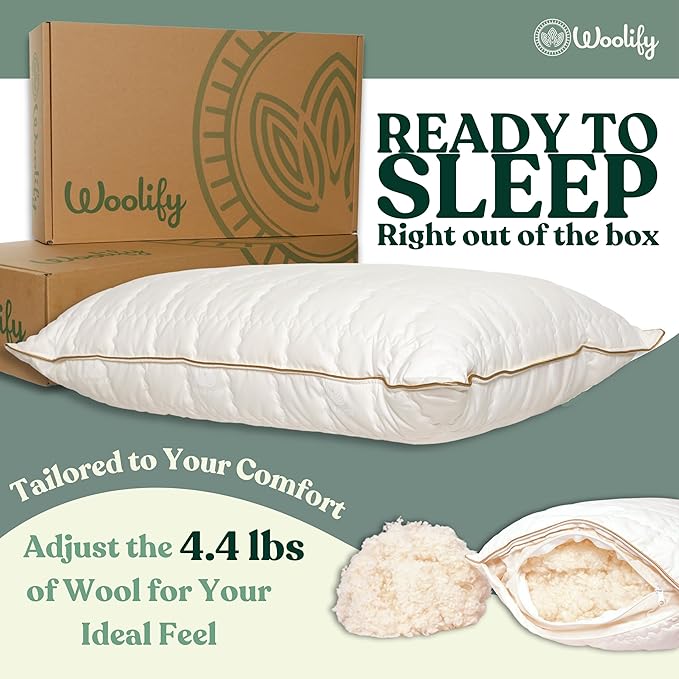 Organic Wool Pillow - Adjustable Loft for Personalized Comfort - Firm to Soft Support - Cooling & Breathable Quilted Cotton Cover - for Side, Back, Stomach Sleepers - 1 Pack (King (U.S. Standard))