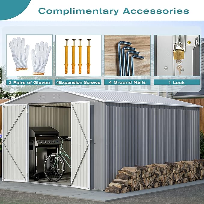 Metal Shed10x12 ft Outdoor Storage Shed,Metal Steel Utility Tool Shed Storage House with Double Lockable Doors and Air Vent for Backyard Garden Patio Lawn Gray