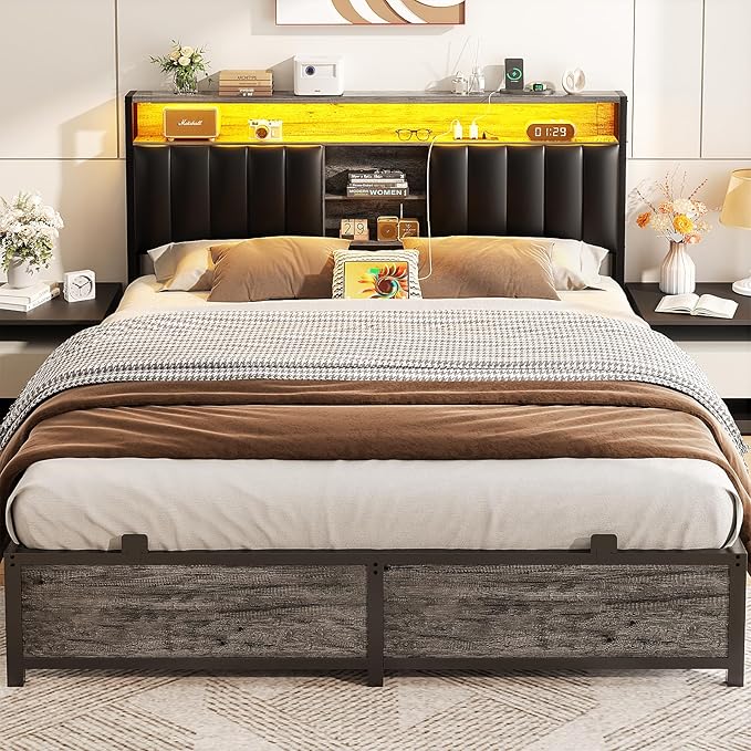 Aheaplus Queen Size Bed Frame with Charging Station & Led Lights, Platform Bed with Leather Upholstered Headboard and Storage, Metal Slats Support No Box Spring Needed, Noise-Free,-B6, Black Oak