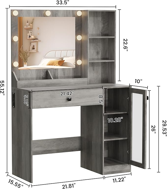 Makeup Vanity with Mirror and Lights, 34'' Wide Dressing Table with Charging Station & RGB Glass Cabinet, Small Vanity Desk with 3 Color Lighting Modes & Adjustable Brightness, Grey