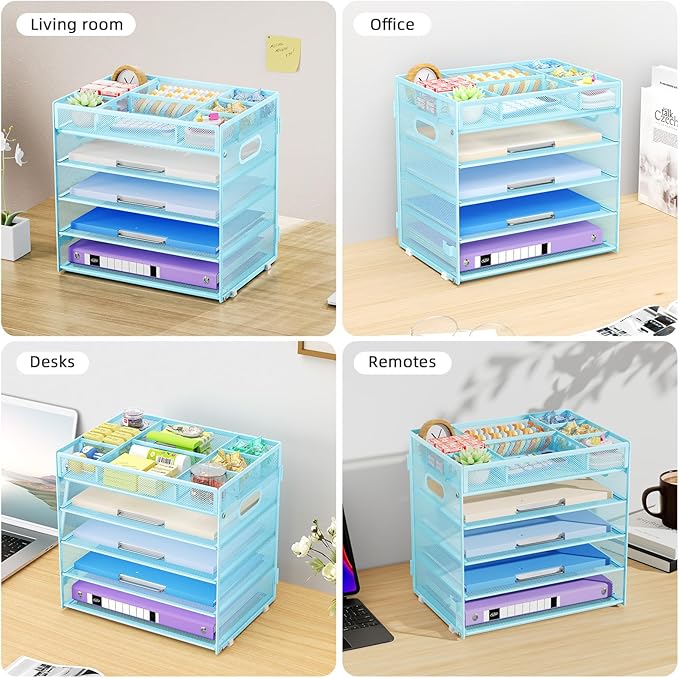 Marbrasse 5-Tier Letter Tray Paper Organizer with Handle, Multi-Functional Mesh File Organizer for Desk, Adjustable Compartments Mesh Desktop Storage for Office Supplies,Blue