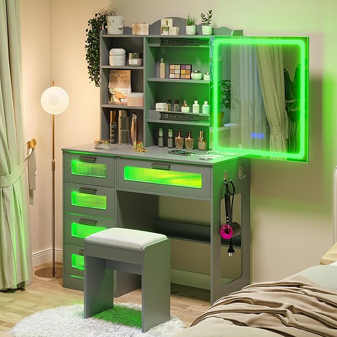 HNEBC Vanity Desk with Sliding Mirror and LED Lights, RGB Vanitys with Charging Station, Makeup Vanitys with Remote Control, White Dresser with Stool/Lager Drawers for Bedroom (Grey)