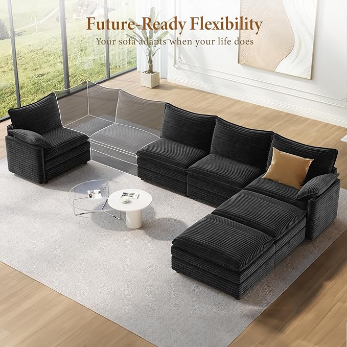 Vesgantti 142" U Shaped Sectional Couch, Comfy Cloud Modular Sectional Sofa with 2 Ottoman Deep Seat Corduroy Modern Cloud Sofa, Modular Sofas for Living Room, Bedroom and Apartment, Gray