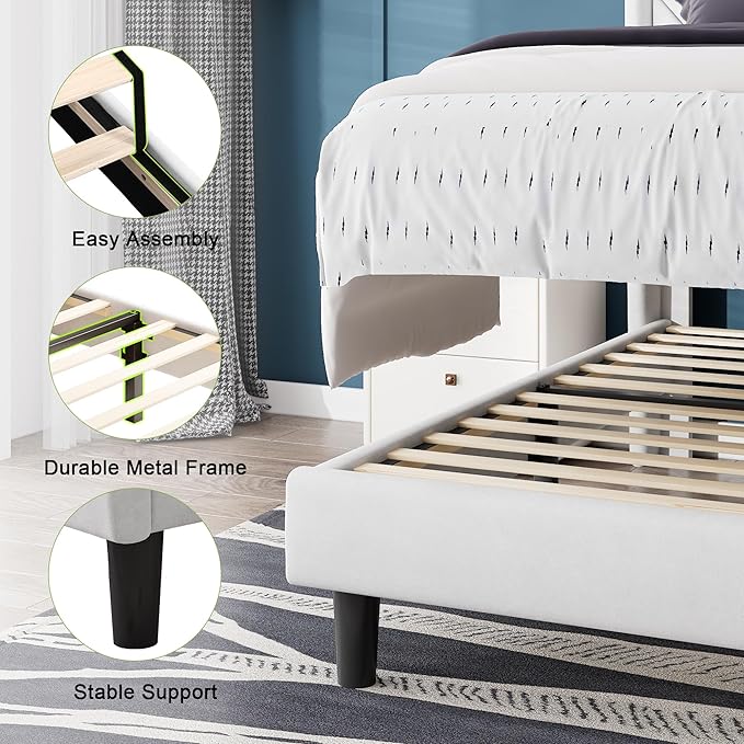 Feonase Twin Bed Frames, Upholstered Bed Frame with Charging Station, Wingback Storage Headboard, No Box Spring Needed, Noise-Free, White