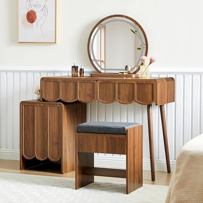 ORRD Vanity Desk with Mirror and Lights, Modern Wood Wave Panel Vanity Desk Set Makeup Table with Drawers and Cabinet, Dressing Table with Storage for Bedroom, Walnut