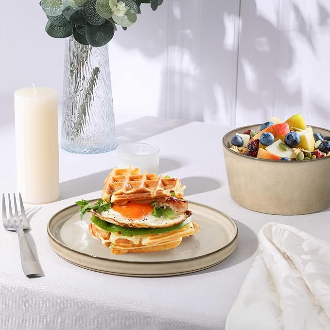 Herogo Stoneware Plates and Bowls Sets for 8, 24 Pieces Modern Dinnerware, Reactive Glaze Dishes Set for Kitchen, Chip Resistant, Microwave & Dishwasher Safe, Cream Khaki